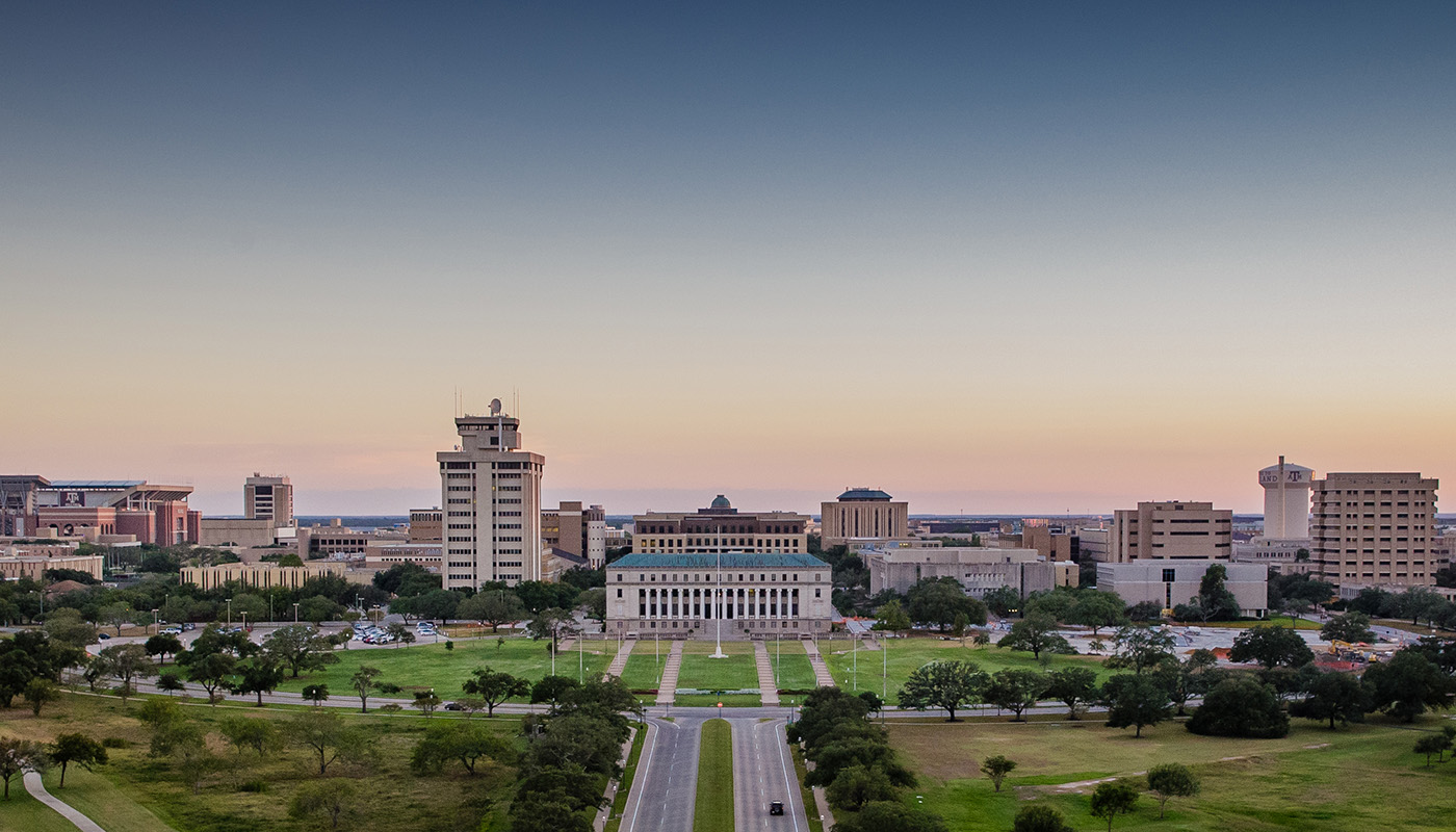 Texas A&M University campus and Academic Building at dusk
